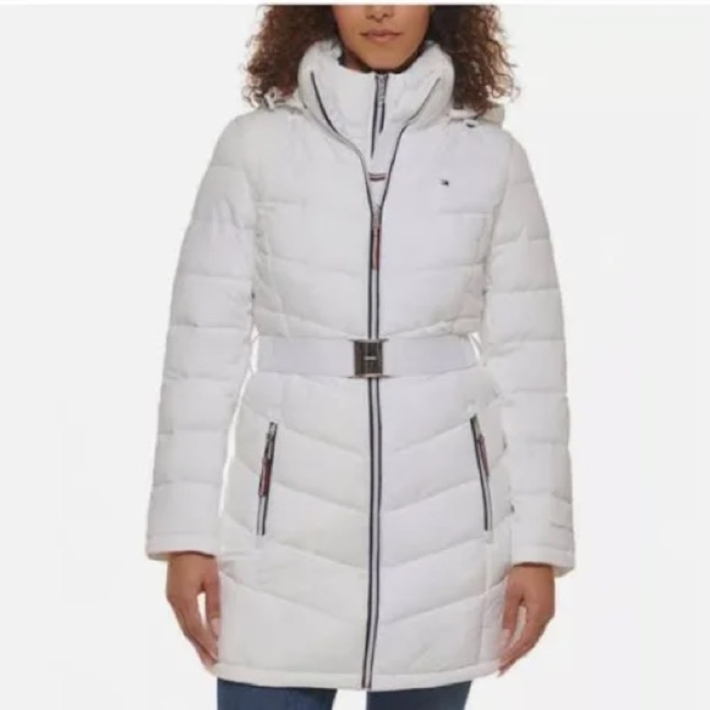 Tommy Hilfiger Women's White Belted Puffer Jacket